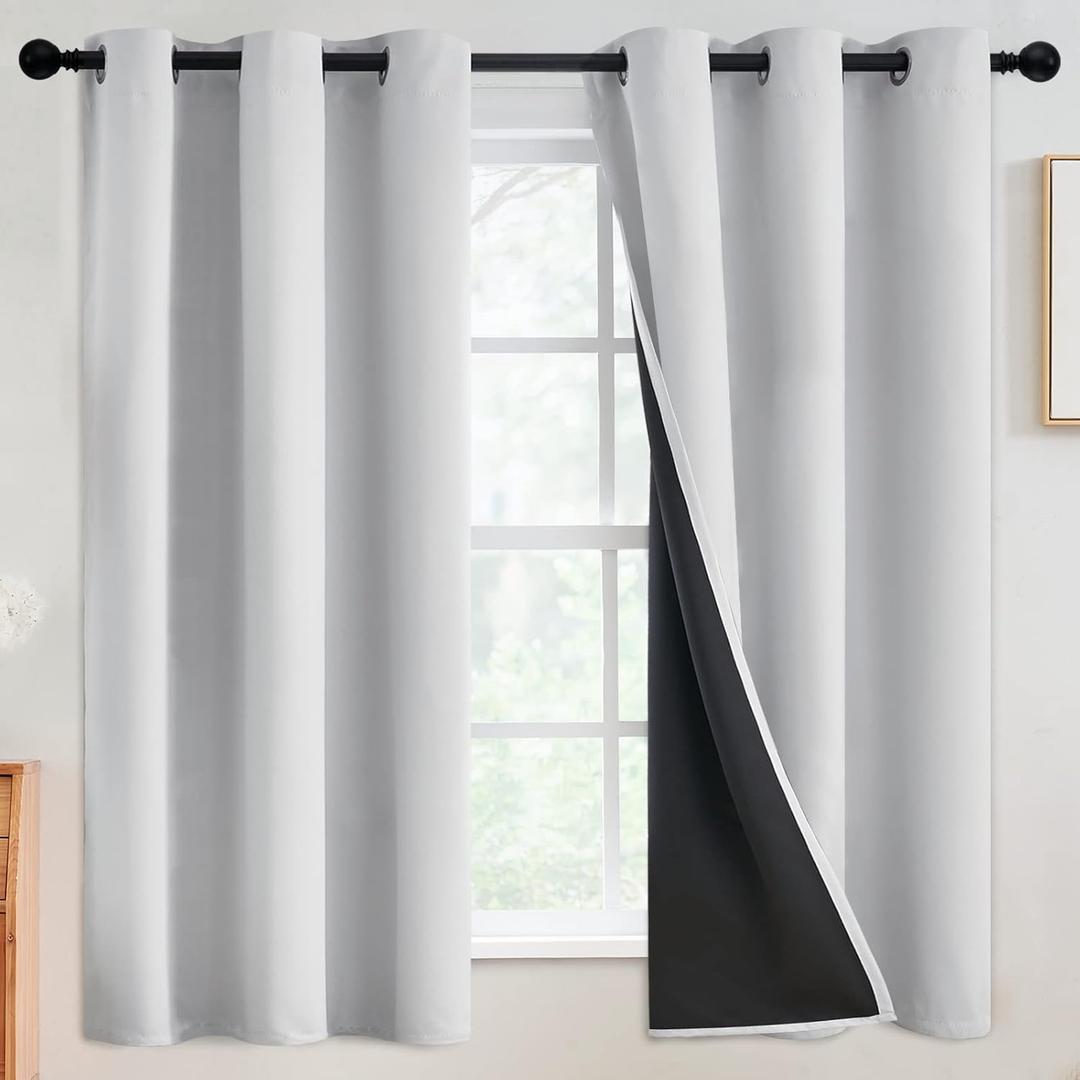 SimpleHome 100% Blackout Curtains for Bedroom,Thermal Insulated Grommet Window Drapes Room Darkening White Curtains for Living Room with Black Back,42 x 63 Inch,2 Panels