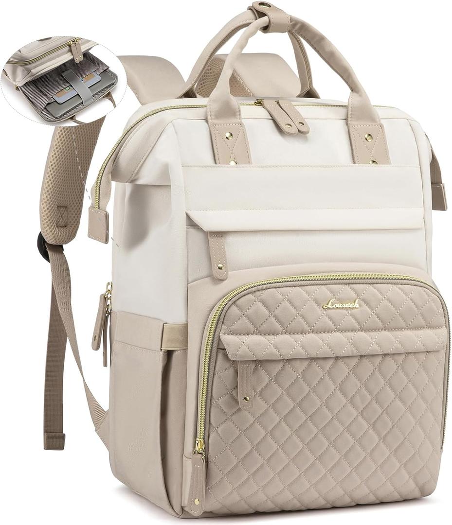 LOVEVOOK Laptop Backpack for Women, 15.6'' Waterproof Nurse Bag Teacher Work Backpack Purse for Women, Travel Computer Backpack for College Office Business Ladies (Cream Tan)