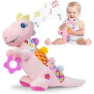 Pack of 2 Baby Dino Musical Stuffed Animal Toys for 0-3-6-9-12 Months，Infant Dinosaur Tummy Time Toys with Crinkle Sound Paper，Teether，Textures & Rattles for Newborn Boys Girls Birthday Gifts，Pink