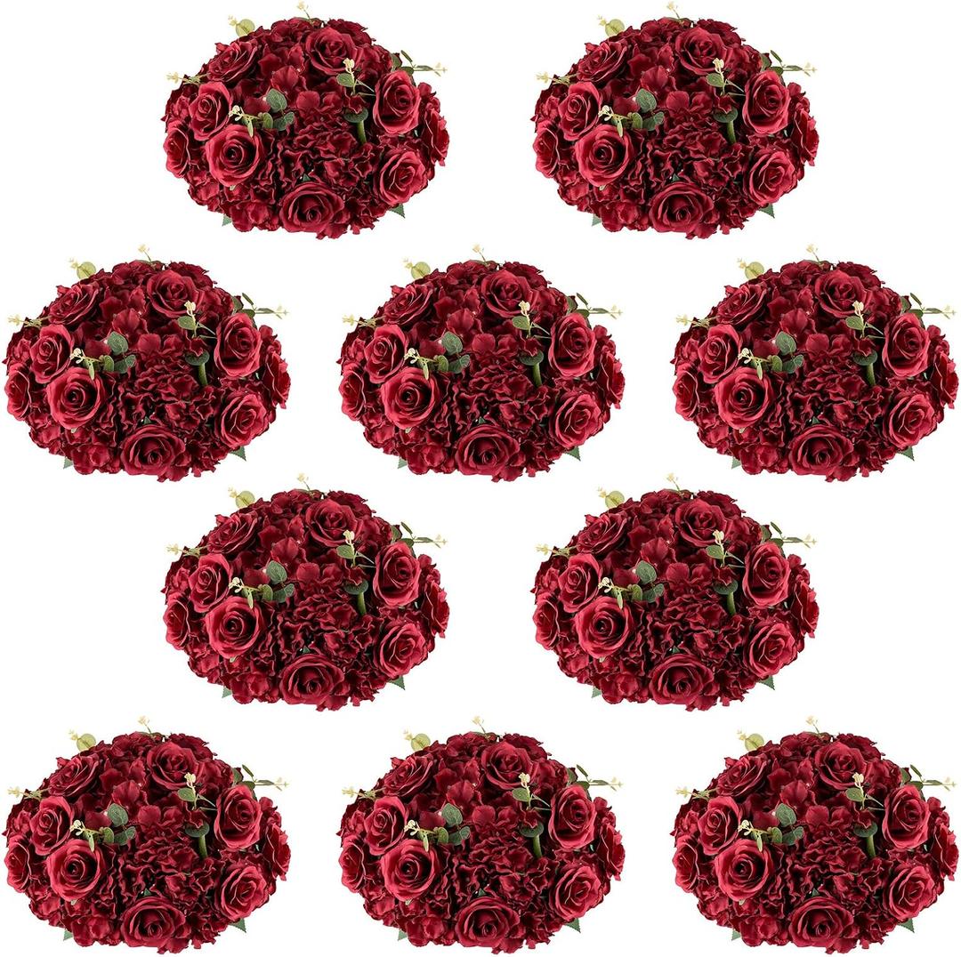 NUPTIO Flower Wedding Centrepieces for Tables: 10 Pcs Burgundy Artificial Flowers Roses Balls 14.2 inch Diam for Centerpiece Fake Silk Rose Arrangements Weddings Reception Birthday Party Decoration