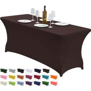 CWK 4FT Waterproof Stretch Spandex Table Cover for Rectangular Tables - Elastic Fitted Tablecloth for Folding Tables,Wrinkle Resistant Table Cloth for Parties, Weddings, Banquets & Events (Coffee)