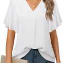 Timeson Women's V Neck Chiffon Blouse Ruffle Sleeve Ladies Work Shirts (Medium, White)