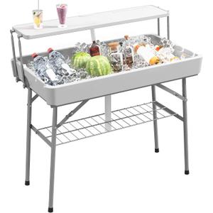Outsunny 3.5ft Folding Ice Cooler Table with Drain, 2-Tier Outdoor Patio Party Cooler, Fishing Cleaning Table with Storage Shelf for Picnic BBQ Camping Wedding, White
