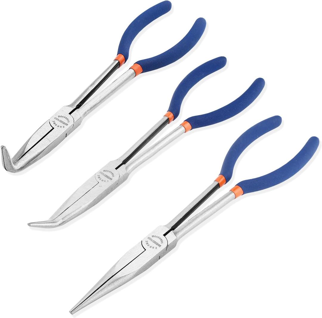 3 PCS 11 Inch Long Needle Nose Pliers Set, Extra Long Reach Pliers Set with 45, 90 Bent and Straight Nose Pliers for Narrow Spaces