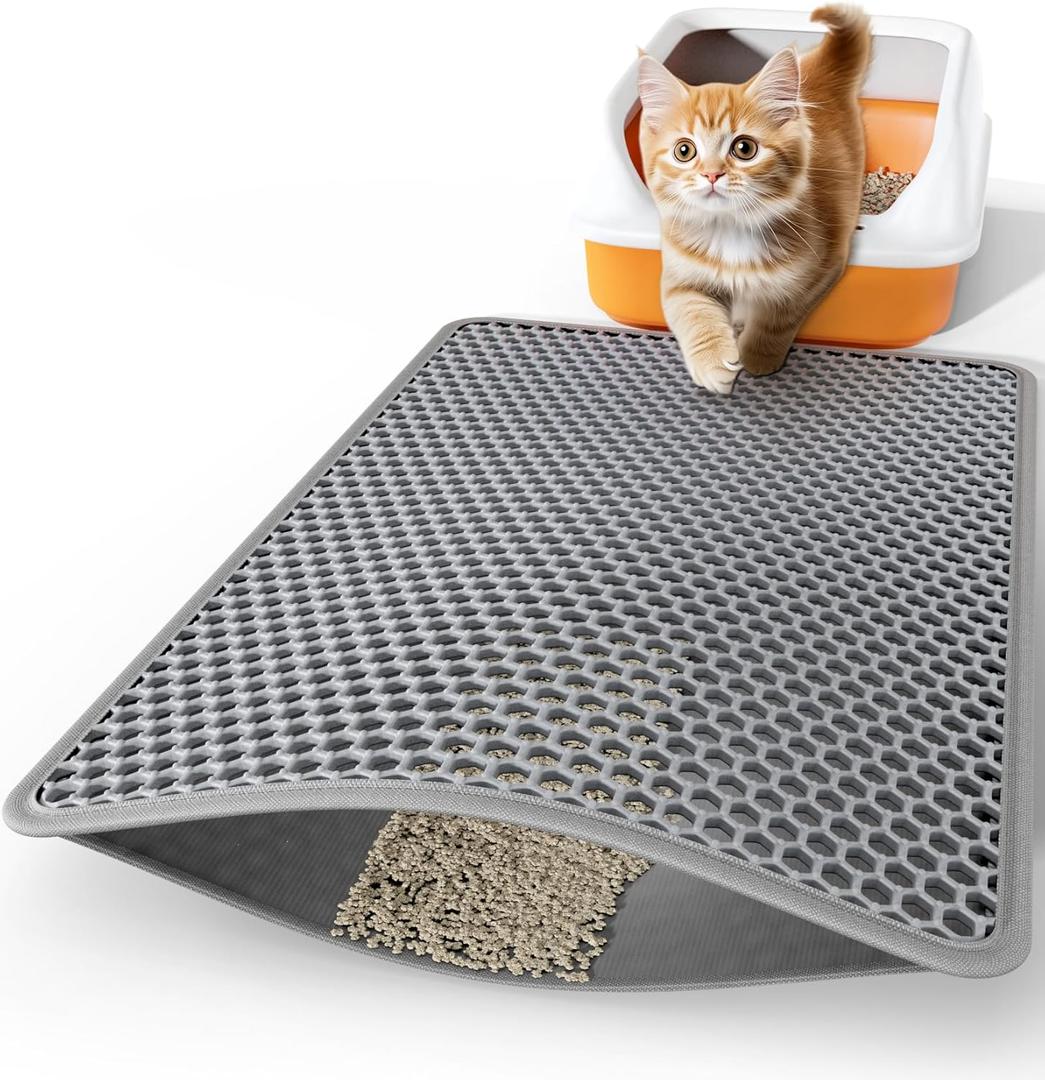 Cat Litter Mat - 30" x 24" Large Litter Box Mat with Double Layers, Urine-Proof and Non-Slip Litter Trapping Mat, Easy to Clean Kitty Litter Mats for Floor, Scatter Control, Grey (30 x 24 Inch)