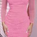 MOEENCN Women Mesh Dress Sparkly Long Sleeve Square Collar Pleated Bodycon Dresses Party Night Club Outfits (Pink, S)