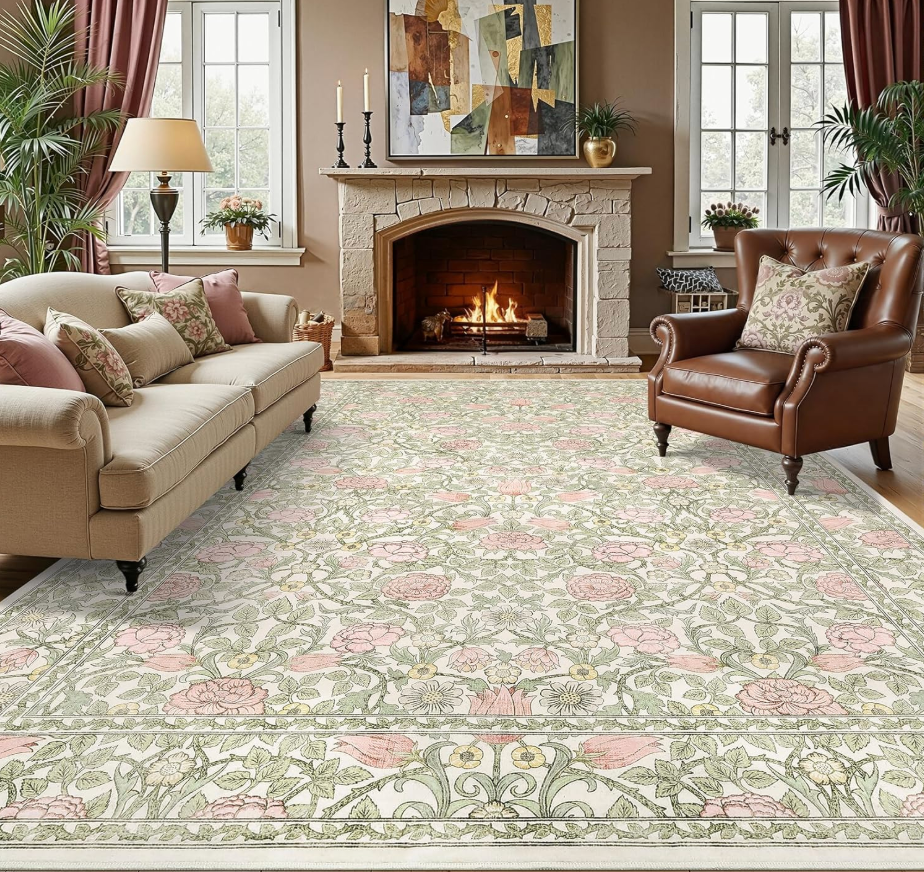 GarveeHome Pink and Green Vintage Floral Washable Rugs 8x10 for Living Room Boho Retro Botanical Rug Low Pile Stain Resistance Non Slip Carpet for Bedroom Nursery Dining Room