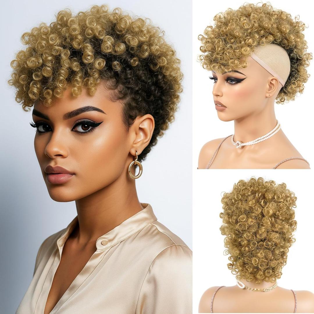 Mohawk Wig for Black Women Short Kinky Curly Afro Puff Wig, Synthetic Fluffy Ponytail Hairpiece with Adjustable Straps for Daily Wear, Party, Cosplay(T1B/27 Dark root honey brown ombre)