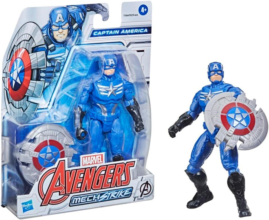Avengers Marvel Mech Strike 6-inch Scale Action Figure Toy Captain America with Compatible Mech Battle Accessory, for Kids Ages 4 and Up, Black