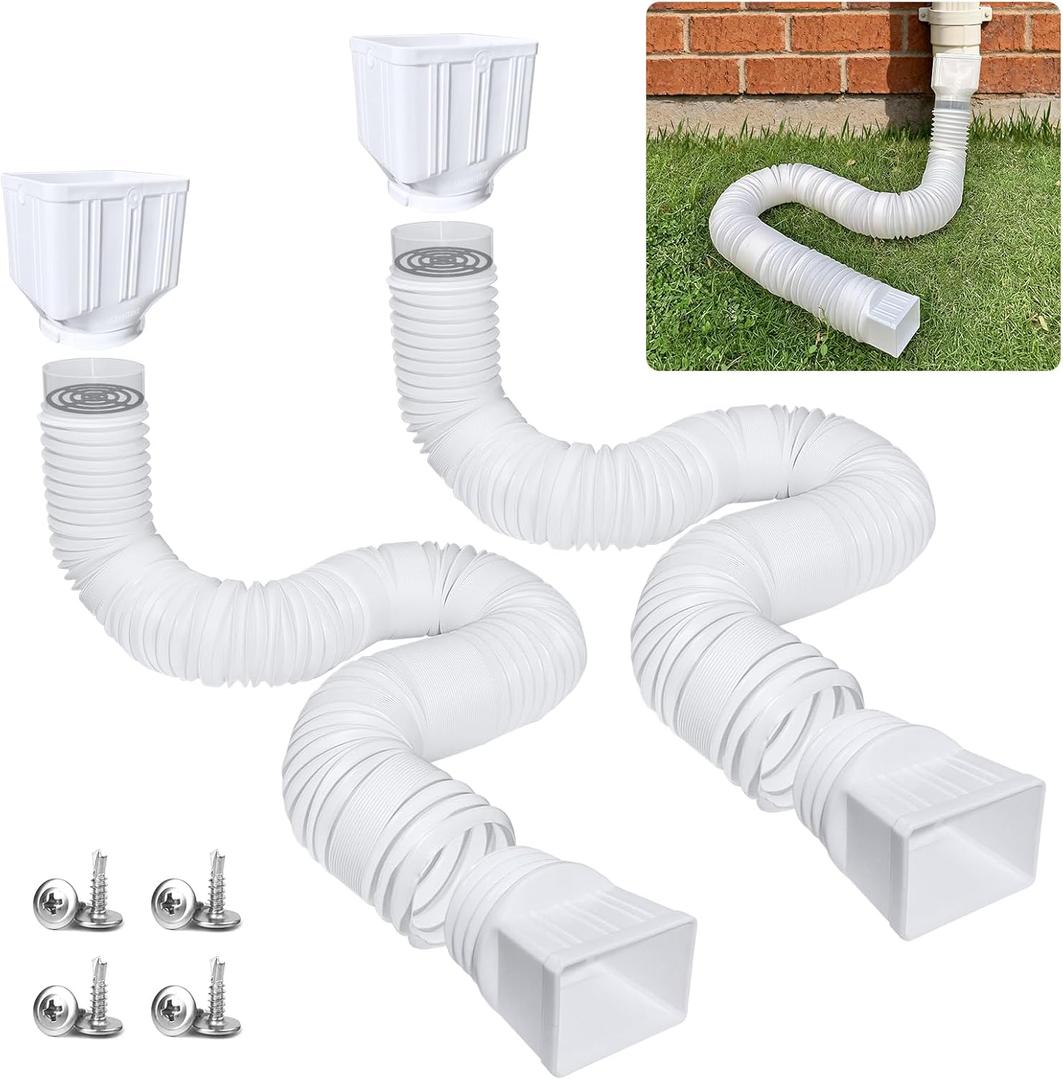 Extendable 2.8 ft to 11.5 ft (34"-138") Flexible Downspout Extensions – 2 Pack White PE Rain Gutter Drain Extenders, Fits Most Residential Downspouts
