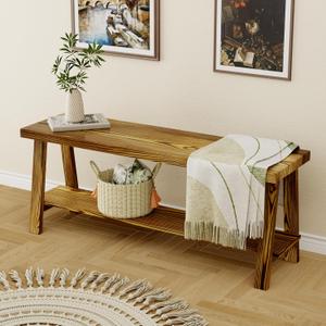 Solid Wood 43'' Farmhouse Entryway Bench with Shoe Storage, Rustic Wooden Bench for Bedroom End of Bed, Hallway, Front Door, Living Room, Dining Kitchen, Decorative Indoor Bench, Brown
