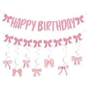 Pink Bow Birthday Banner - 36" x 2.5" - 23 Pieces - Includes 1 Banner, 7 Swirl Hanging Ropes, 15 Bows - Perfect for Indoor Birthday Parties