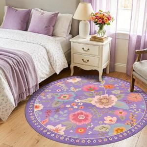 RELEANY Floral Nursery 4ft Area Rugs Washable Print Boho Cute Carpet Non Slip Flower Low Pile for Living Room Kids Girls Playroom Bedroom Kitchen Office Farmhouse-Purple/Pink/Multi