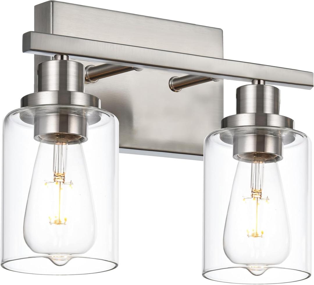 2-Light Vanity Lights - Brushed Nickel Bathroom Lighting Fixtures with Clear Glass Shade, Modern Wall Light for Bathroom, Bedroom, Living Room