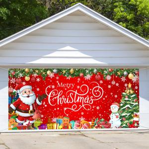 Christmas Garage Door Cover, 13x6ft Large Garage Door Christmas Decorations, Santa Claus Snowman Cover Banner Backdrop for Xmas Indoor Outdoor Decor Party Photo Background Decoration (Red)