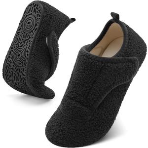 BARERUN Slippers for Women Men Wide House Diabetic Shoes for Women Men Warm Arthritis Edema Swollen Neuropathy Socks Slip on Adjustable Fuzzy Comfy Soft Womens Mens Bedroom Sliipers (8-9 Women/6.5-7.5 Men, Black)