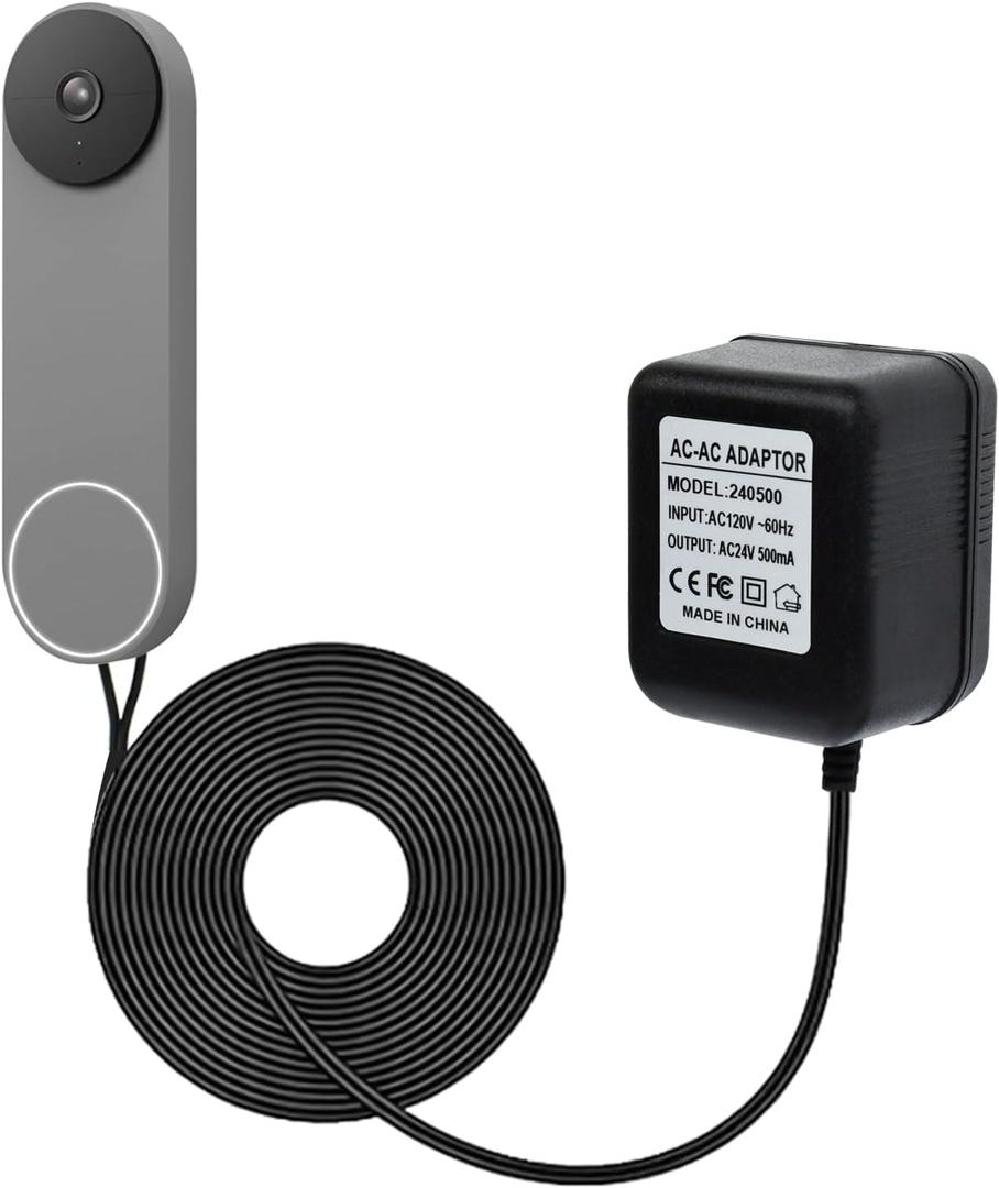 24V Transformer Doorbell Power Adapter Compatible with Google Nest,Wyze,Eufy Video Doorbells, C Wire Adapter 16.4ft/5m Extension Cable Doorbell Power Adapter Doorbell Supply Cord