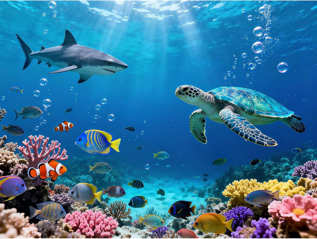 Ocean Backdrop 8x6FT Under The Sea Photo Background with 19.69ft Ribbon, Double-Stitched Underwater Tapestry with 4 Brass Grommets for Birthday Baby Shower Party Decorations