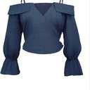 SweatyRocks Women's Cold Shoulder Wrap Crop Blouse 3/4 Length Sleeve Ruffle Hem Dressy Shirt Tops (Blue, XL)