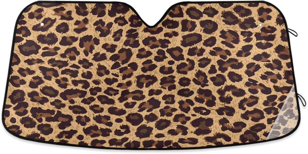 Leopard Skin Print Car Windshield Sun Shade Animal Brown Foldable UV Ray Sun Visor Protector Sunshade to Keep Your Vehicle Cool (55" x 27.6") (color25)