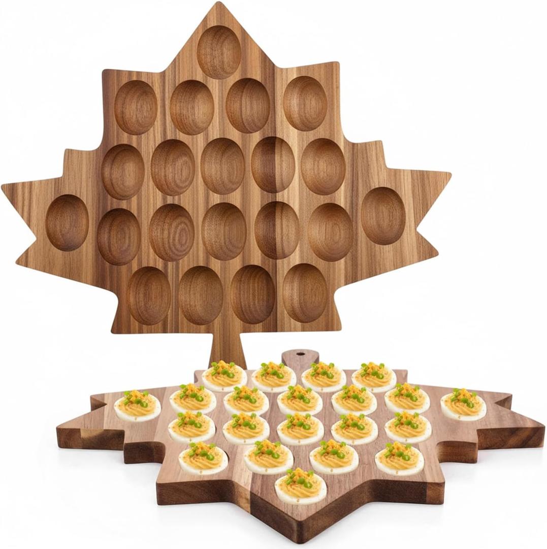 Cinnvoice 2 Pcs Maple Leaves Wooden Deviled Egg Platter 21 Holes Deviled Egg Tray Container Holder Carrier for Countertop Holiday Thanksgiving Christmas (Maple Leaf Shape)