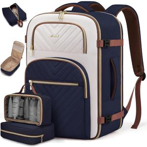 LOVEVOOK Travel Backpack Carry on Flight Approved 40L,Waterproof TSA Travel Essentials Personal Item Backpack for Women Men,Large Carry on Luggage Suitcase Travel Bag for Airplane with 3 Packing Cubes (Dark Blue - Off-white - Brown)
