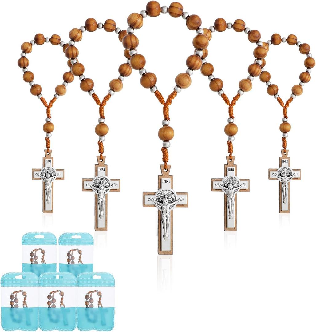 KOMI 12PCS One Decade Wooden Rosary Beads Catholic Prayer Pocket Rosary Baptism Rosary Catholic Mini Rosaries Bulk Baptism Favors for Guests Party Favors