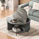 Round Coffee Table, 31.5" Fluted Center Table with Storage, Lift-Top Coffee Table with Adjustable Footpads, Sliding Door, Mid-Century Modern Center Table for Living Room, Small Space (Grey)
