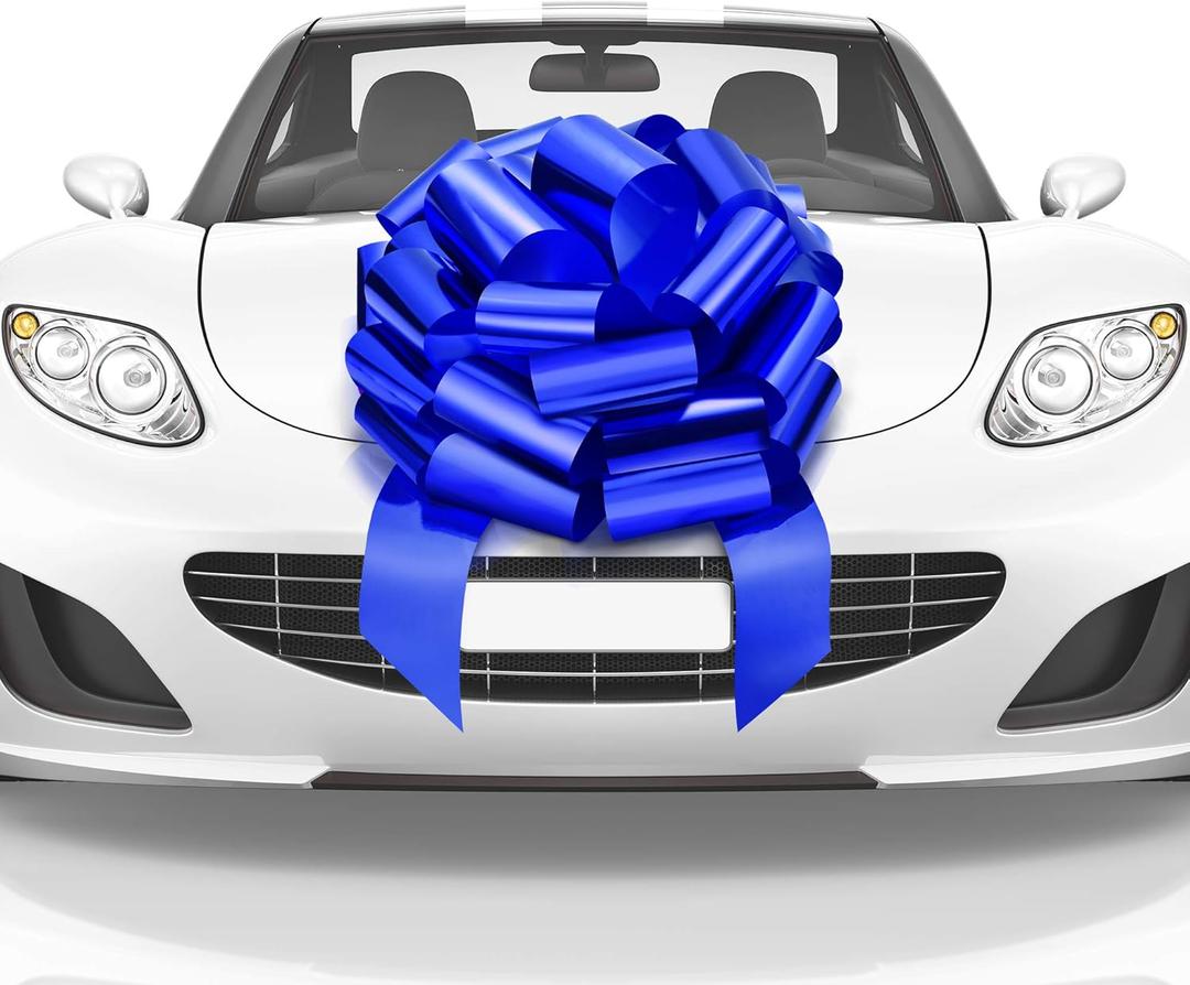 Mata1-USA - Huge Car Bow - Blue, 18 Inch - Big Gift Wrapping Bow for Large Gift Decoration - Giant Size for Indoor & Outdoor Use - 20 Loops & 4 Stickers - No Magnets That Scratch