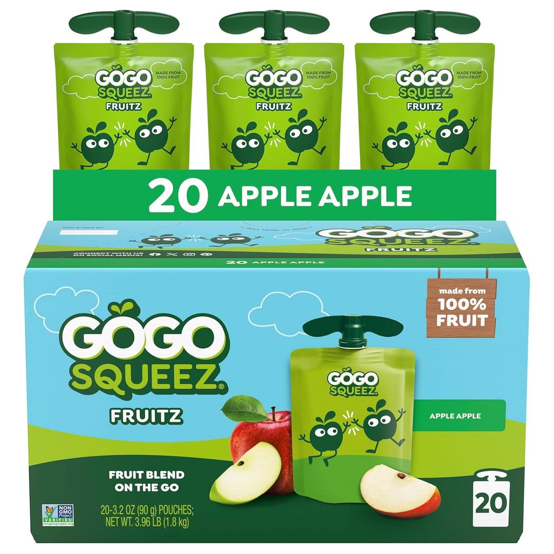 GoGo squeeZ Fruit on the Go, Apple Apple, 3.2 oz (Pack of 20), Unsweetened Fruit Snacks for Kids, Gluten Free, Nut Free, and Recloseable Cap, BPA Free Pouches (Packaging May Vary) (EXP 12/07/26)