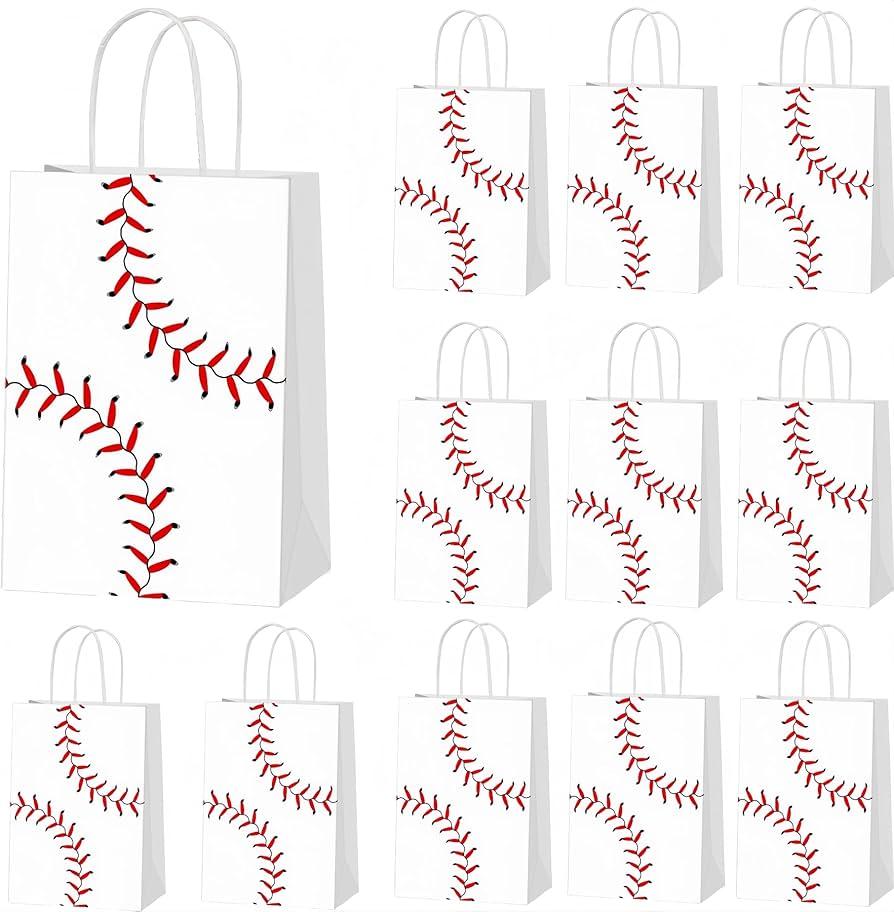 Rarapop 12 Pack Softball Gift Bags with Handle, Paper Snack Treat Goodie Bag for Softball Theme Party Favor Decorations Sports Birthday Celebration Supplies