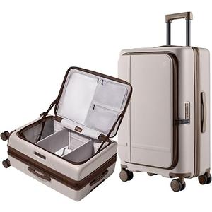 NINETYGO Medium Checked Luggage 25 Inch, Flat Top Opening Check In Luggage with Cup Holder, Expandable, Coffee-Infused PC Hard Shell, Eco-Friendly, TSA Lock, 360¬∞ Spinner Wheels (Flat White)