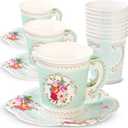 Talking Tables TS6-CUPSET Disposable Truly Scrumptious Party Vintage Floral Tea Cups and Saucer Sets, Mint Green (12Pack)
