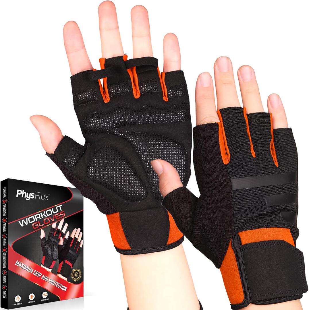 Workout Gloves - Orange, Silicone, Ambidextrous, Pull-On, Unisex Adult, Exercise and Fitness, Training, Gym Gloves with Enhanced Grip, Wrist Support & Palm Protection
