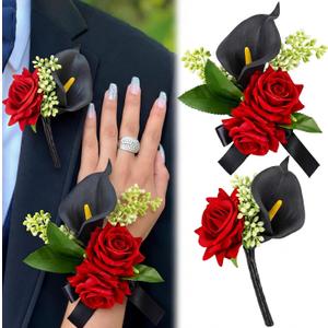Suncalla 2 Pcs Red Rose Wrist Corsage and Boutonniere Set for Prom Decor with Black Calla Lily Burgundy Rose Wristlet Band Bracelet and Boutonniere for Graduation Prom Wedding Flower Accessories Decor