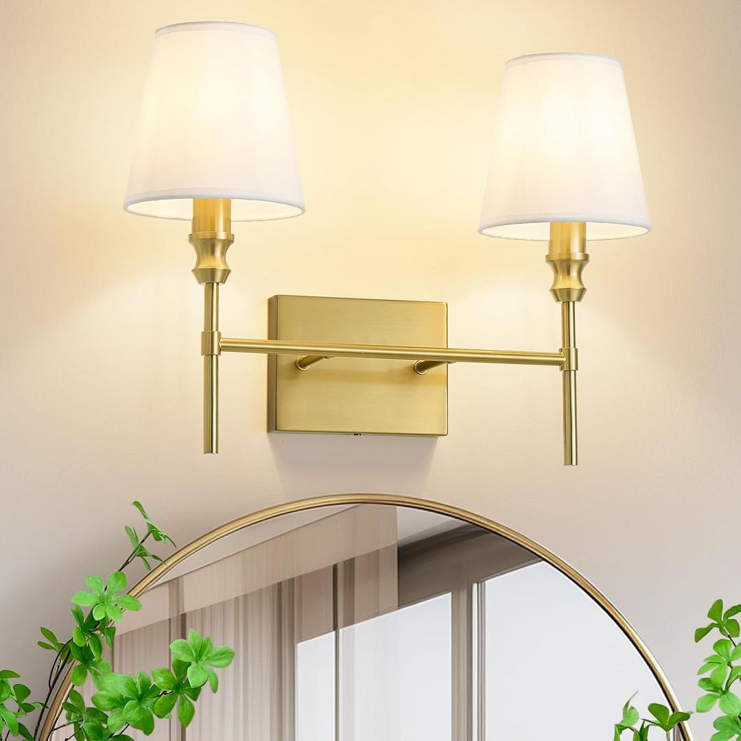 Bathroom Light Fixtures Over Mirror,Brush Brass Vintage Wall Sconces, 2-Light Bathroom Vanity Light With Flared White Fabric Lampshade For Bedroom,Living Room,Hallway,Foyer,Hardwired, E12 Base