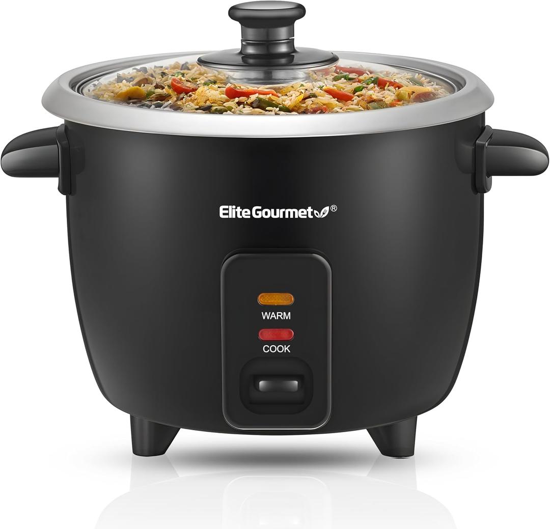 Elite Gourmet ERC003BX Electric Rice Cooker with Automatic Keep Warm Makes Soups, Stews, Grains, Hot Cereals, 6 Cups Cooked (3 Cups Uncooked), Black