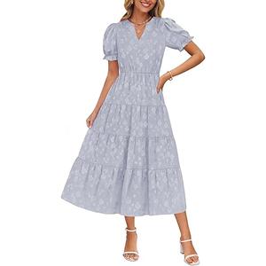 ZESICA Womens 2026 Summer Puff Short Sleeve Midi Dress Floral V Neck Textured Ruffle Flowy Beach Party Dresses (Small, Blue)