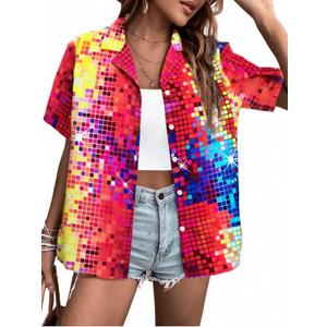 80s 90s Outfits for Women Disco Outfit Neon Shirts Retro Themed Party Hawaiian Button Down Short Sleeve Blouse Tops (Small, Red)