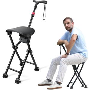 HZZEDNG-Hold 400 lbs Folding Canes with Seat, Allows Durability While Walking and Convenience for Sitting, Aluminum Portable Anti-Slip Cane Seat, Height-Adjustable Walking Cane (Black) M