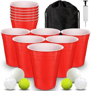 Giant Yard Pong Game Set Durable Giant Cups with Inflatable Pong Balls Pump and Carrying Bag Giant Pong Set for Lawn Beach Camping or Backyard (Red)