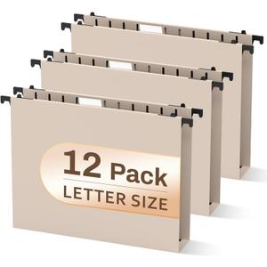 Letter Size Hanging File Folders Pastel, 12 Pack Hanging Files Folders, File Hanging Folders Pink for Filing Cabinet, Colored Hanging File Folders with Tabs 2 Inch Expansion for Home Office (Light Beige)