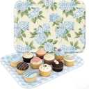 2 Pcs Hydrangea Flower Serving Trays Melamine Platter Spring Summer Blue Plaid Floral Serving Dishes for Party Sharing Snack Fruit Dessert Supplies, 10 x 13 Inch
