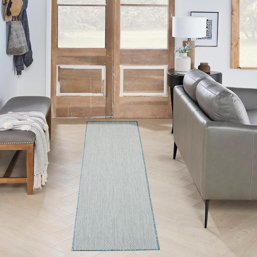 Nourison Courtyard Indoor/Outdoor Ivory/Aqua 2'2" x 10' Area Rug, Easy Cleaning, Non Shedding, Bed Room, Living Room, Dining Room, Backyard, Deck, Patio (2x10) (2'2" x 10' (Runner))