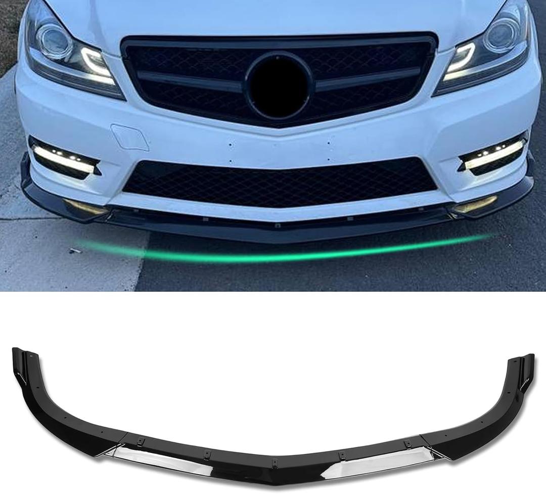 KHK Front Bumper Lip Spoiler for W204 C180 C200 C220 C250 C300 Sport Bumper 2012-2014,Glossy Black ABS Air Dam Front Splitter Body Kit Accessories