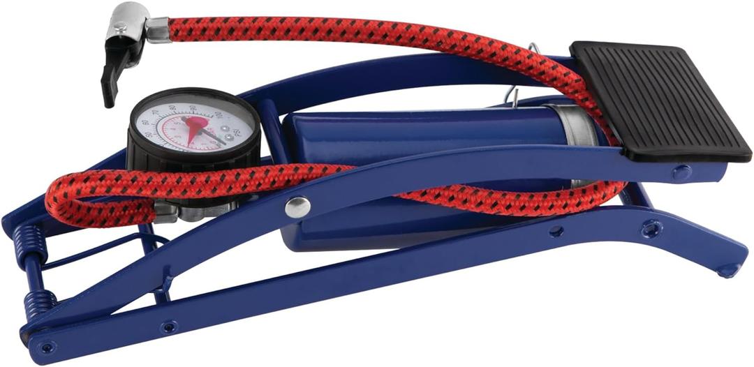 Performance Tool W1638DB Foot Pump for Bike Tires and Sports Equipment with Air Pressure Gauge, Braided Hose, and Needle Valve with Adaptors, 100 P.S.I Capacity, Blue