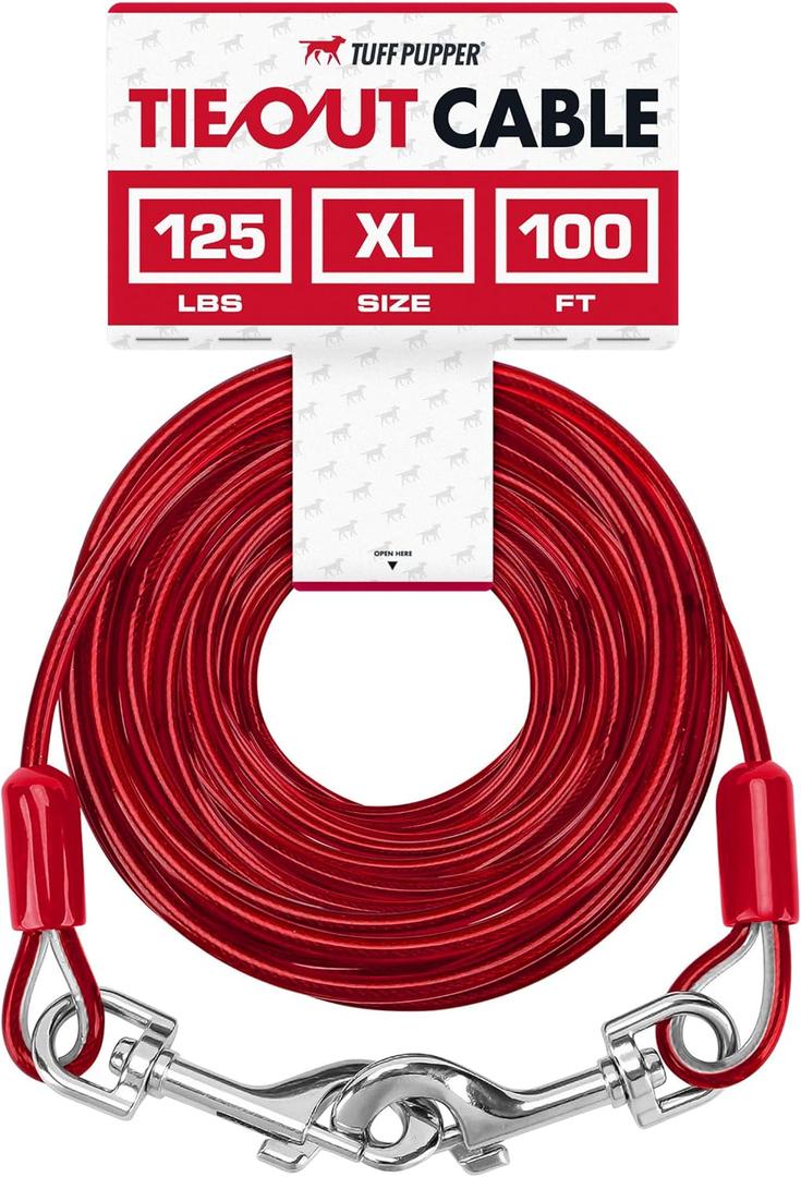 Tuff Pupper Dog Tie Out Cable 100 Feet | Dog Runner Cable for Yard 100 ft | Heavy Duty Lead | Water & Rust Resistant Industrial Strength Steel | 360 Degree No Tangle Swivel Clips (125 lbs Max Weight)
