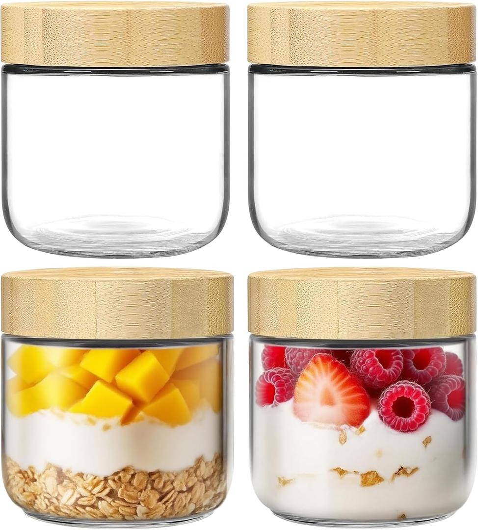 4 Pack 10oz Glass Jars with Bamboo Lids, Overnight Oats Containers with Airtight Lids, Storage Containers Wide Mouth Mason jars for Salad,Yogurt, Sugar, Snacks, Spices