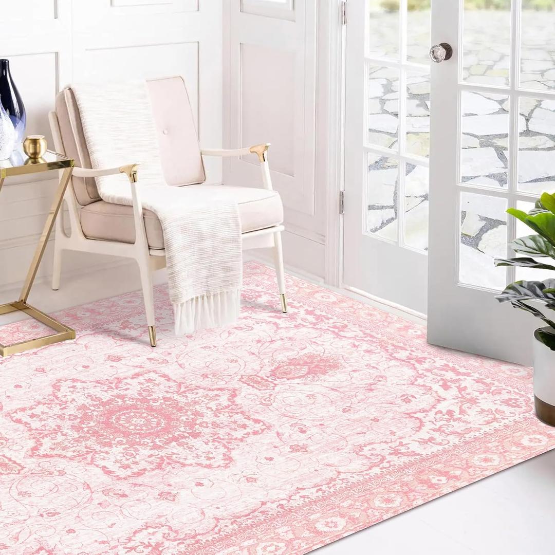 Area Rug - 3x5 Vintage Pink Honeycomb Non Slip Backing Area Rugs Soft Faux Wool Carpet Foldable & Machine Washable Rugs for Living Room Bedroom Dining Room Home Office (3'x5', Pink/Cream)