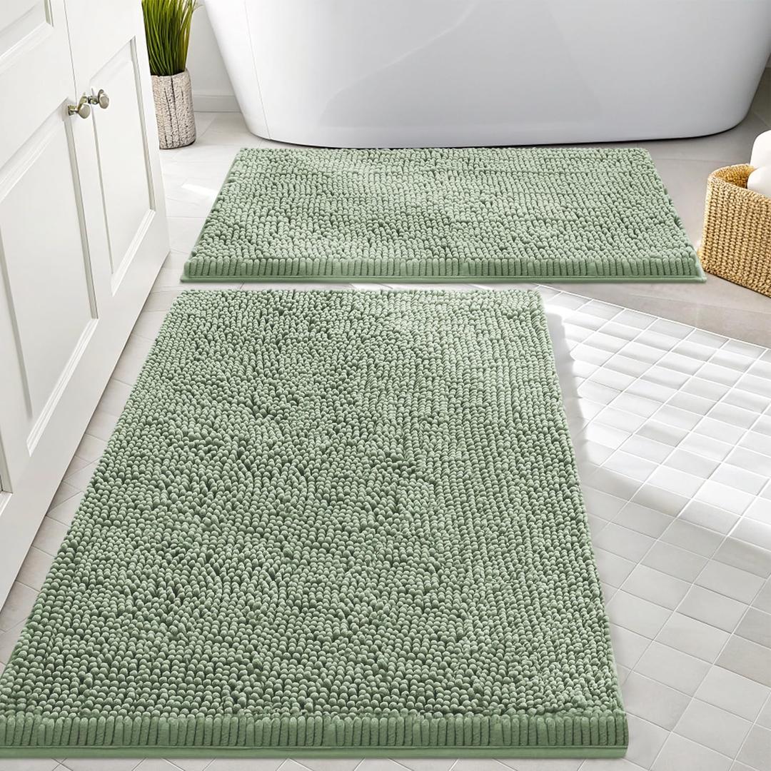 Smiry Bathroom Rugs Sets 2 Piece, Soft Absorbent Chenille Machine Washable Non Slip Shaggy Bath Rug Set for Tub, Shower, and Floor (30x20+24x16, Sage Green)